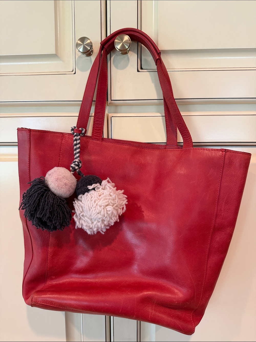 Noonday Collection Red Leather Tote with Pom-Pom Accent